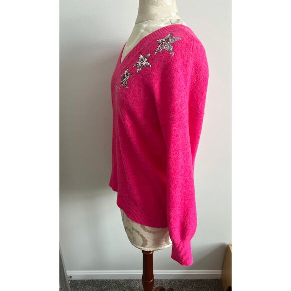 Loft Women’s Hot Pink V-neck Sequin Stars Sweater Small - Picture 4 of 9